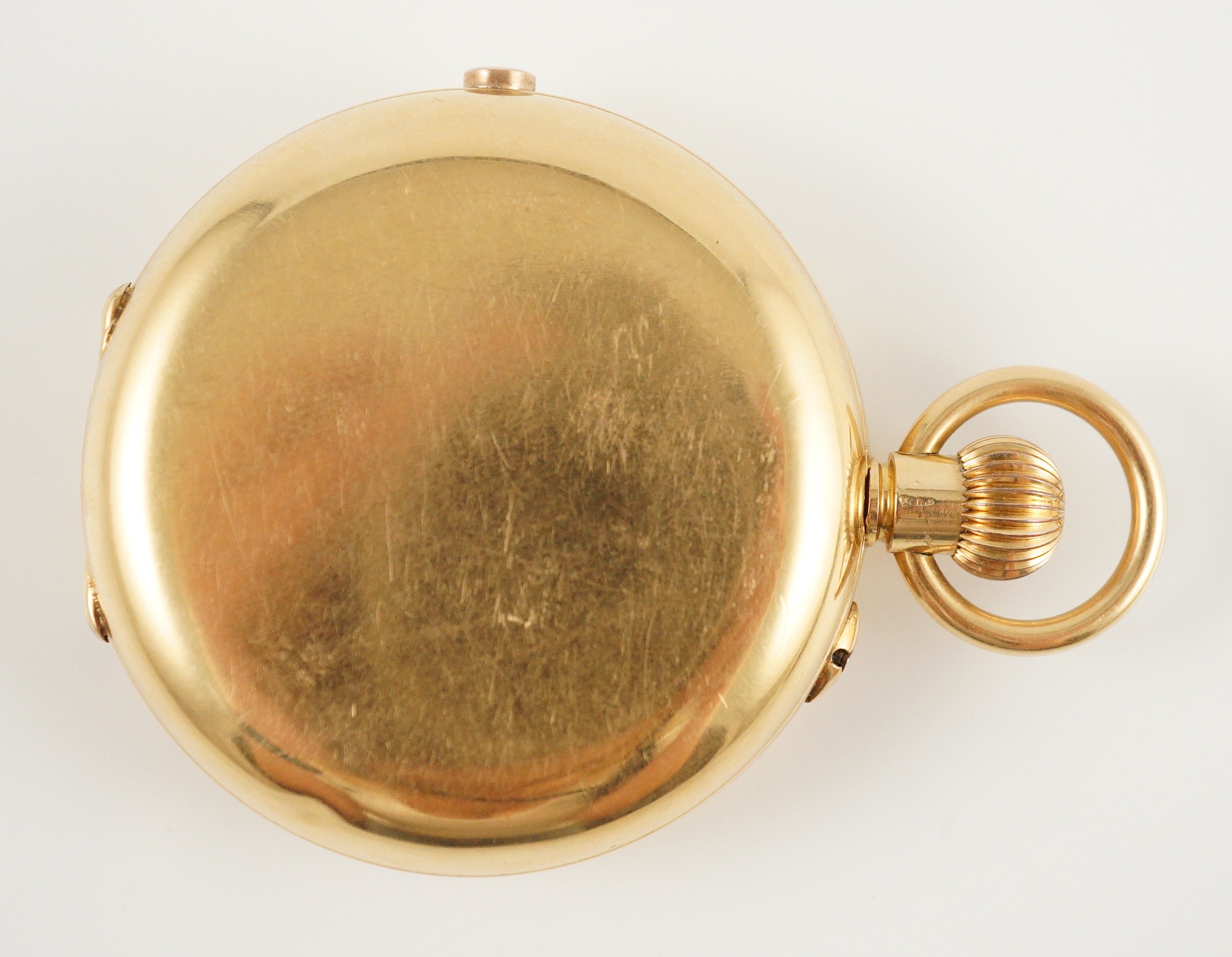An early 20th century Swiss 18ct gold hunter keyless chronograph pocket watch